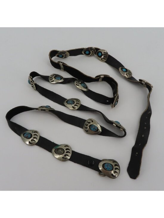 VTG Navajo Bear Paw Shadow Box Concho Belt 60in Long Silver Metal Black Leather main image 2